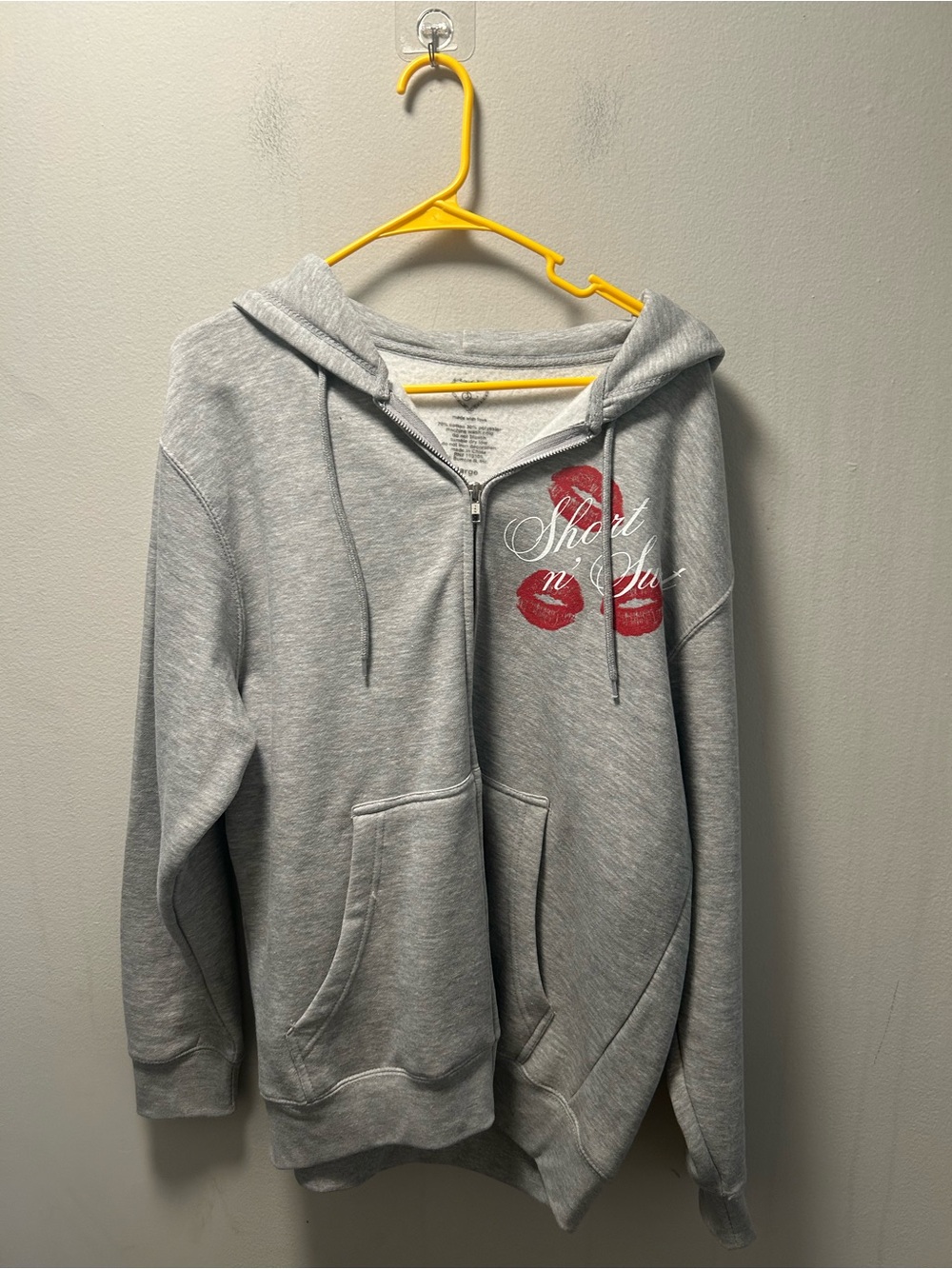 Sabrina Carpenter Gray Zip-Up Hoodie with Red Kiss Graphic